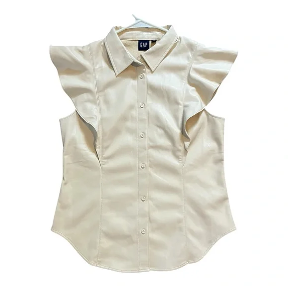 Gap Faux Leather Cream Ruffle Sleeve Women's Top - Picture 2 of 6